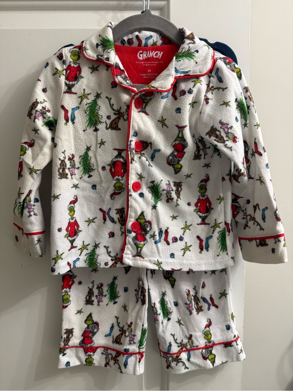 Grinch Kids White Holiday Pajama Set with Red Trim